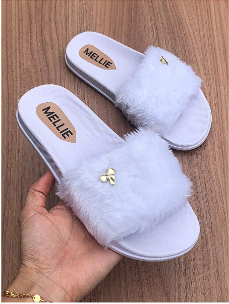 Chinelo Slide Feminino Pelúcia Pantufa Laço