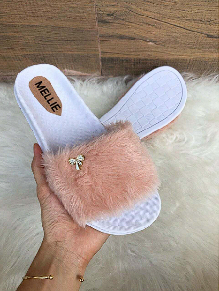 Chinelo Slide Feminino Pelúcia Pantufa Laço