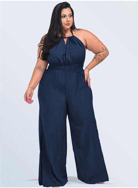 Sig Plus Macacão Longo Flare Decotado Plus Size