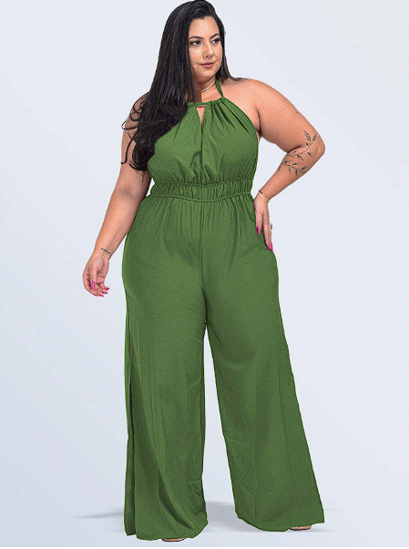 Sig Plus Macacão Longo Flare Decotado Plus Size