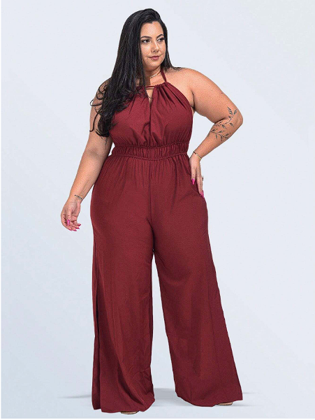 Sig Plus Macacão Longo Flare Decotado Plus Size